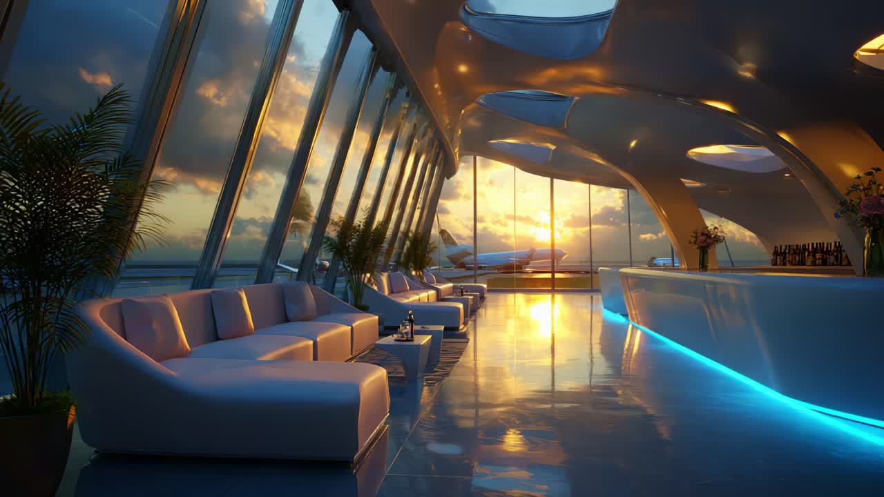 A Stunning Sunset View from a Modern Lounge Space Featuring Sleek Sofas, Ambient Lighting, and Large Windows Offering an Expansive Horizon Overlooking the Tranquil Waters and Dramatic Sky