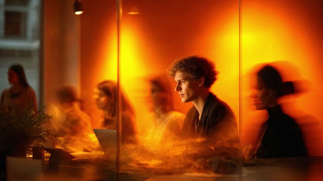 A Thoughtful Individual Illuminated in Warm Tones Amidst Blurred Motion of Creatives Engaged in Dynamic Dialogue in a Café Setting