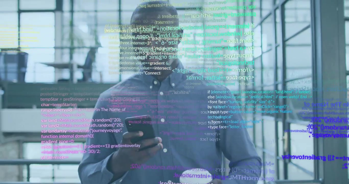 Tech man descending atrium stairs holding phone and mug causing code swirling, scrolling messages