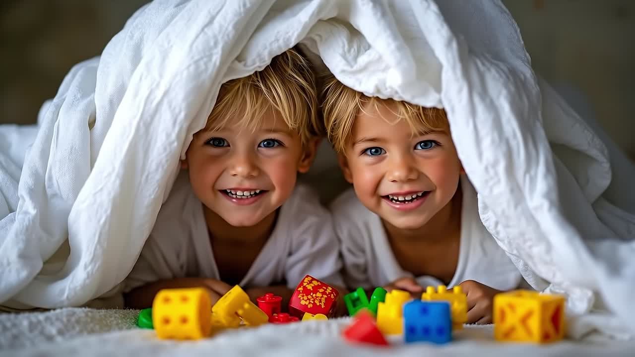 Two young boys playing with blocks under a blanket