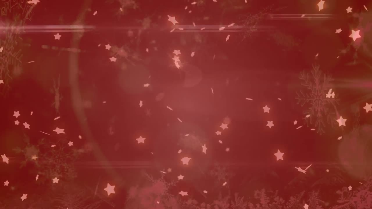 여러 개의 눈송이와 별 아이콘이 빨간 배경에 빛의 반점 위에 떠다니고 있습니다.