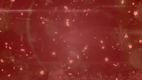 multiple snowflakes and star icons floating over spots of light against red background