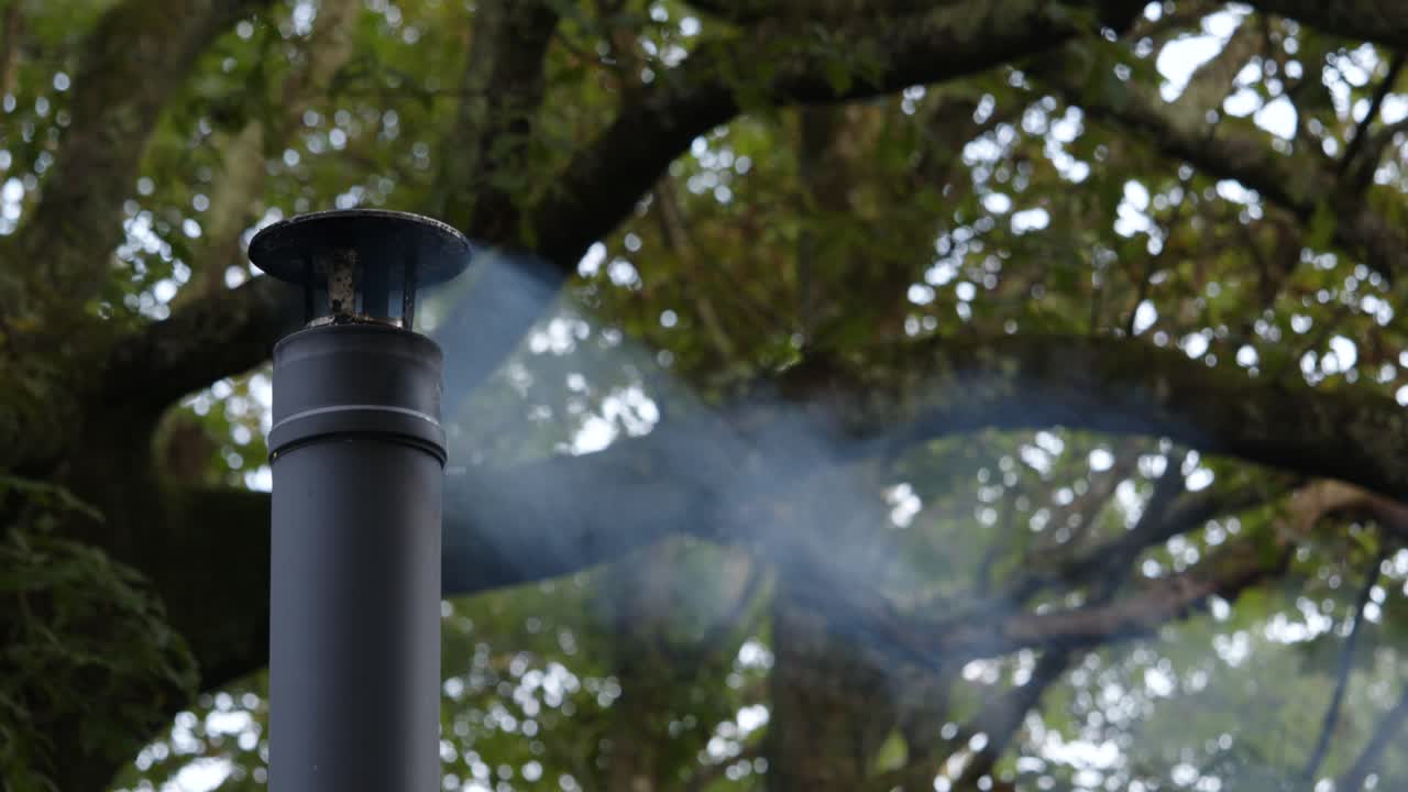disparo medio a la izquierda del marco de una chimenea de humo metálico con humo ligero, árbol grande detrás
