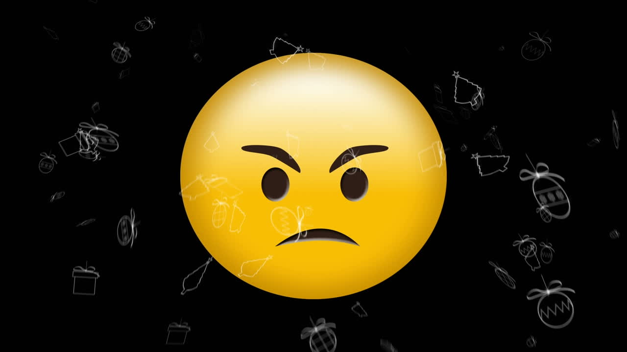 Animazione di icona emoji arrabbiata su icone natalizie che cadono