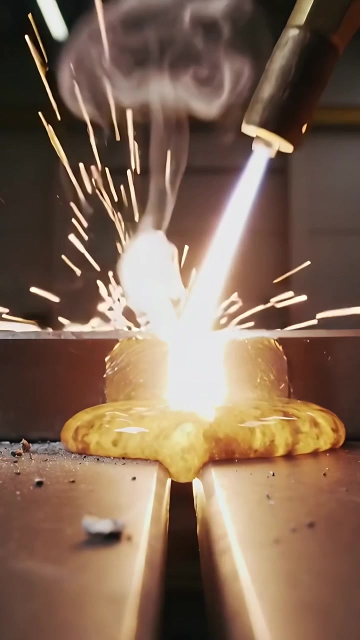 Vertical video: Feeding flame, torch cutting seam on steel plates at shop for cutting, molten bead