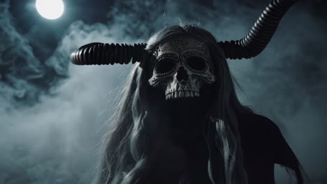 demonic skull mask woman under the moonlight