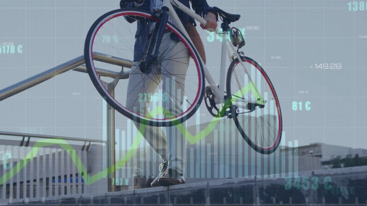 Animation of data processing on yellow graph over caucasian man carrying bike in city