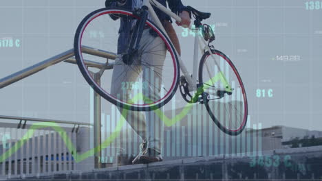 animación de procesamiento de datos en gráfico amarillo sobre hombre caucásico llevando bicicleta en la ciudad