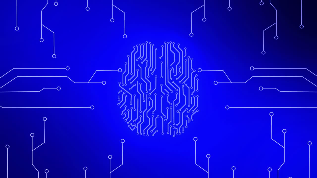 animación de la red azul de conexiones y el cerebro sobre un fondo negro.