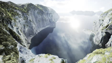 aerial view of a dramatic mountain lake