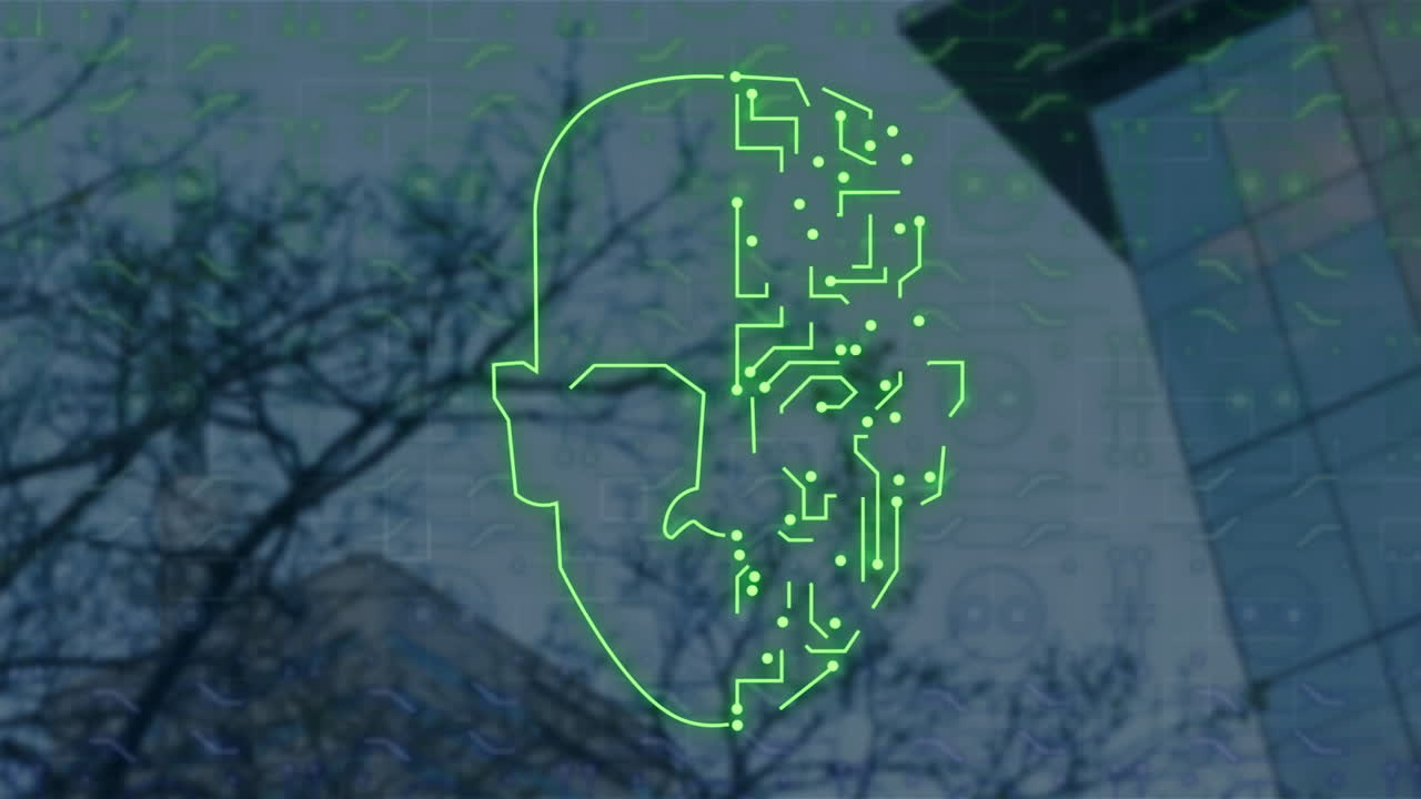 animación de formas y cara digital de neón sobre el paisaje urbano