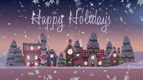 animation of happy holidays text and snowflakes falling over winter scenery in background