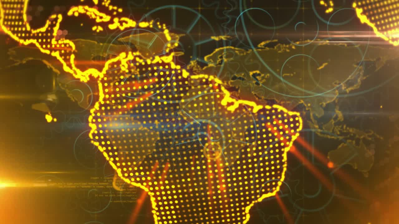 Starting golden Americas outline, rotating 3D globe morphing into blue cogs demonstrating network