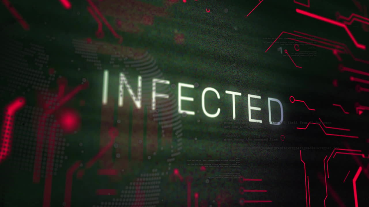 animación de texto infectado y procesamiento de datos digitales sobre fondo negro