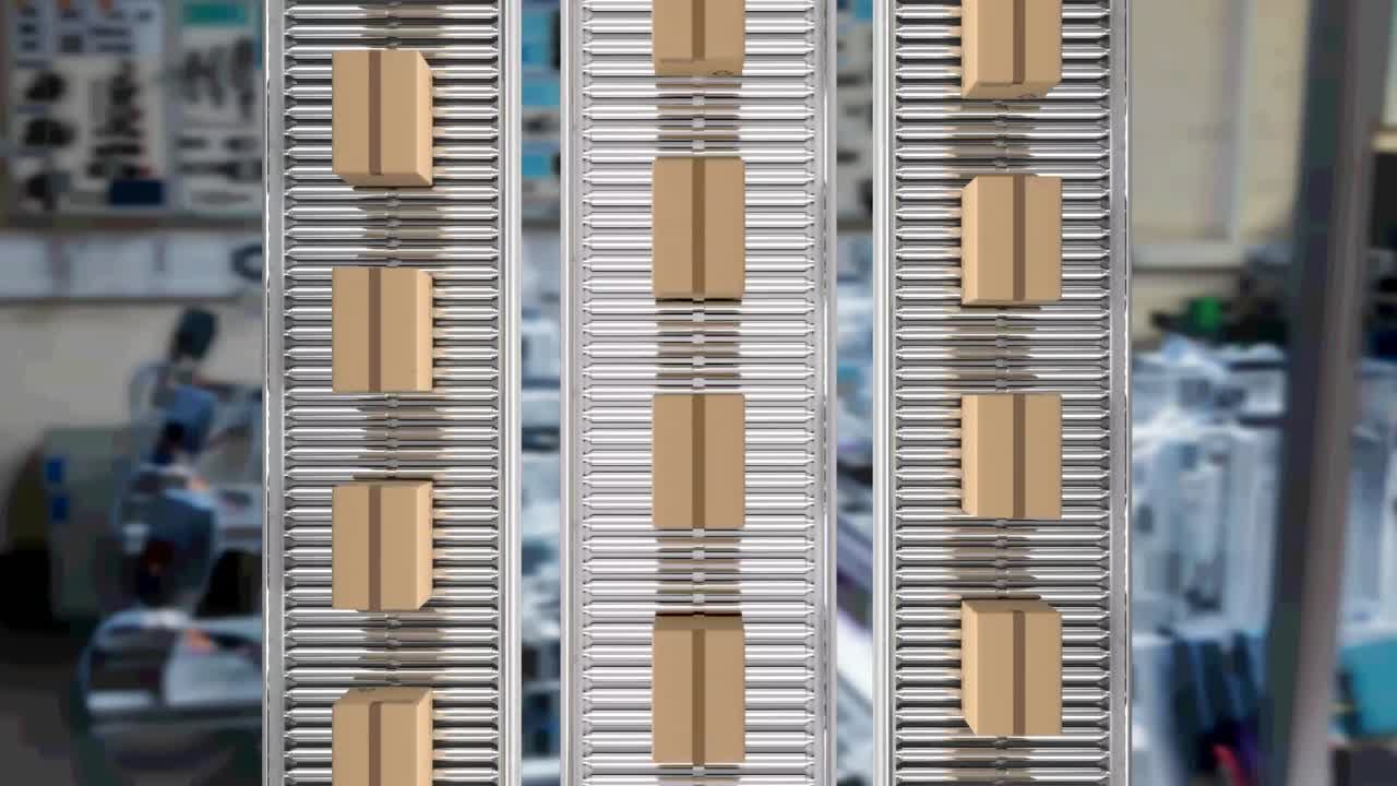 창고에서 컨베이어 벨트에 움직이는 카드보드 상자의 애니메이션