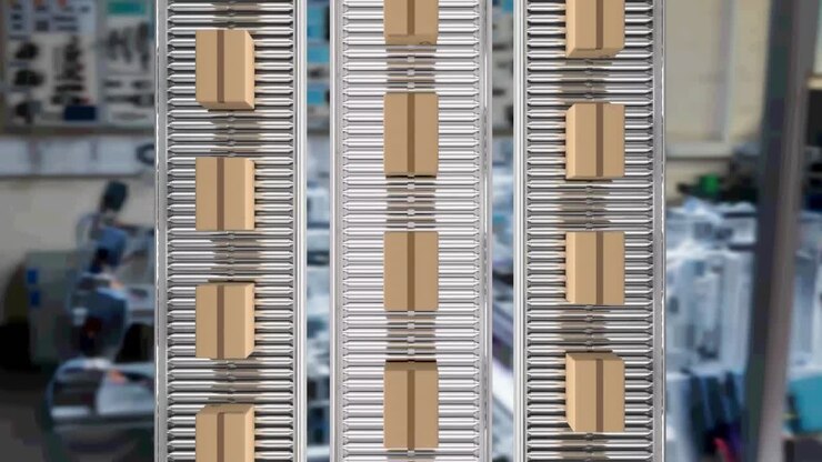 Animation of cardboard boxes moving on conveyor belts in warehouse