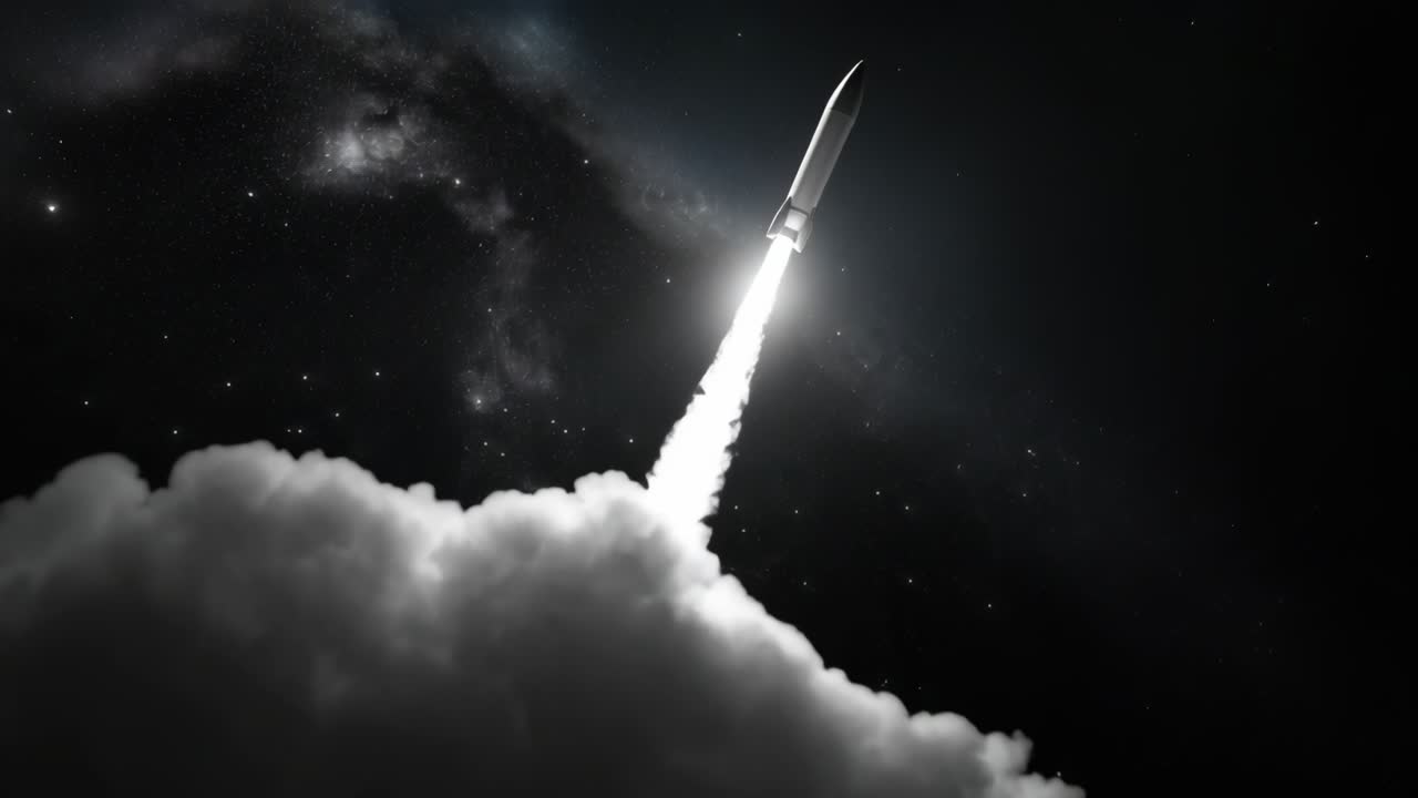 A dramatic low-angle shot of a rocket launching into a starry sky, captured in black and white