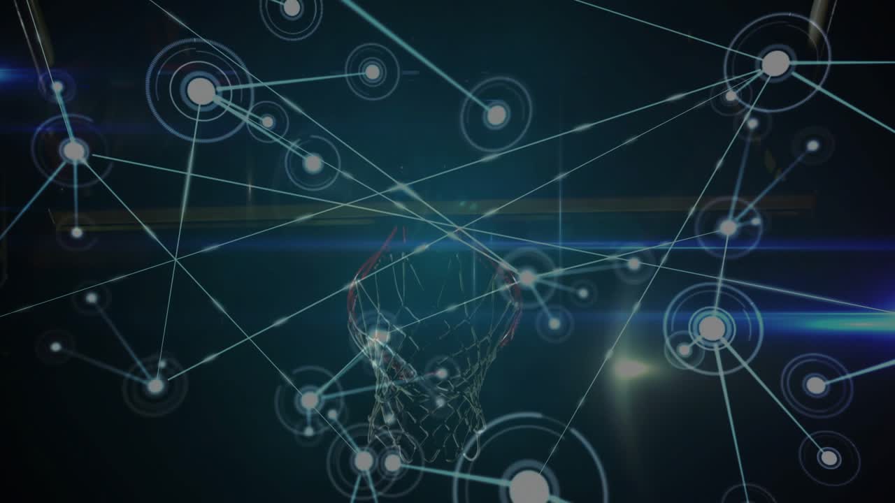 Male player lifting ball toward rim, HUD nodes extending and analyzing path for sports analytics