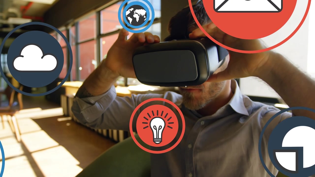 Multiple digital icons over caucasian senior man wearing vr headset at office