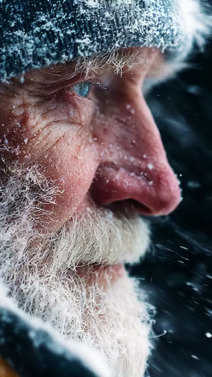 A close-up portrait of an elderly man with a white beard and blue eyes, surrounded by snowflakes, conveying resilience and the beauty of winter's harshness