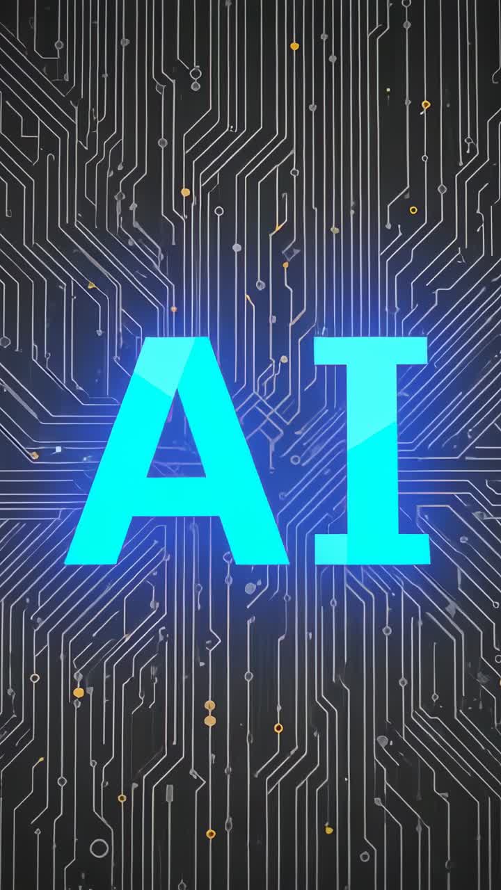 Vertical video: Fading cyan AI letters pulsing glow on circuit board flickering nodes showing flow
