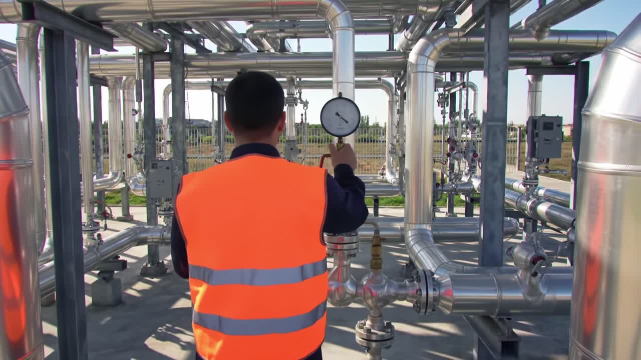 Engineer Checks Pressure Gauge at Industrial Facility During Daytime Operations