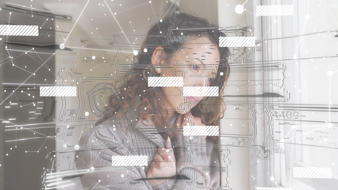 Woman adjusting collar at blinds in tech demo, initiating data overlay showing determined gaze