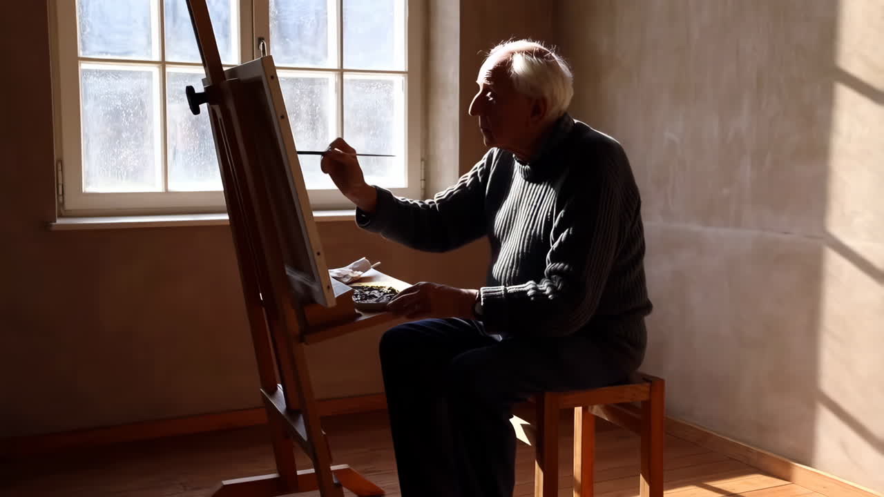 An elderly man painting at his easel