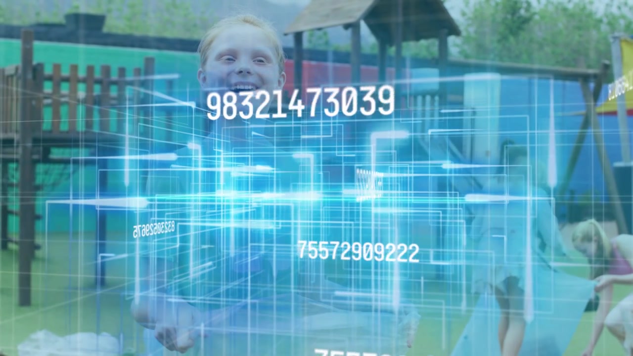 Girl holding clear box in play area starting hologram at hands, numbers expanding for learning