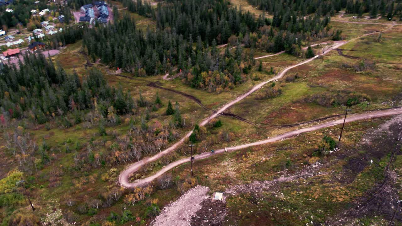 Aerial shot of downhill biking slopes in S&auml;len, Sweden during a fall day