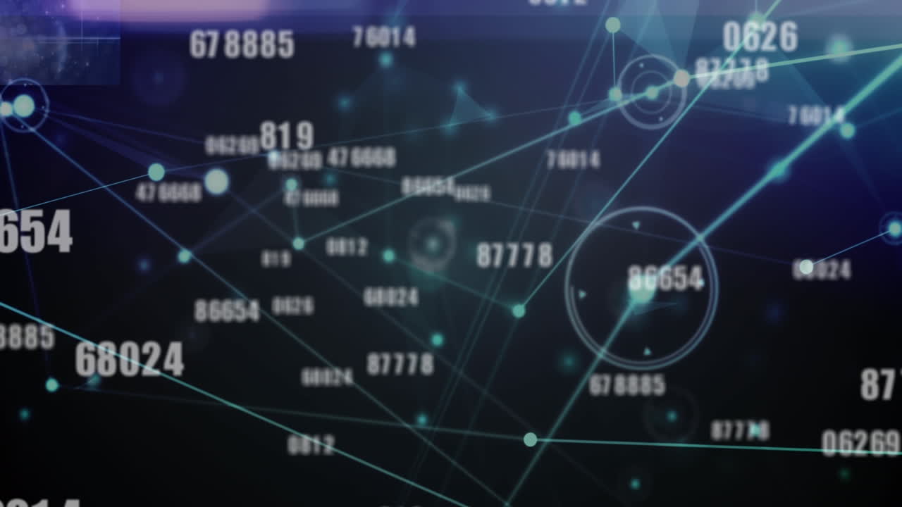 Animation of changing numbers, network of connections and light trails against black background