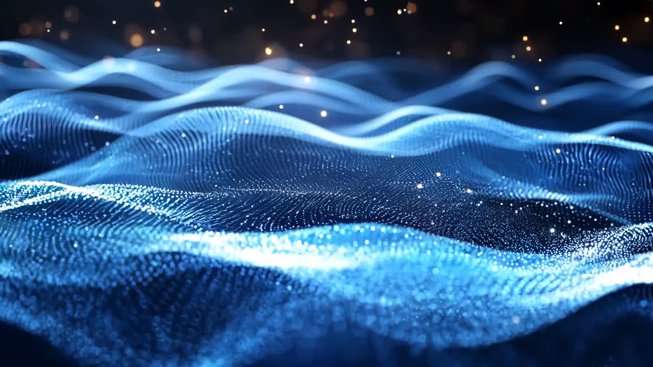 A blue wave with a lot of sparkles in the water. The sparkles are like stars in the sky