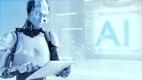 high quality rotating cgi shot of a humanoid ai robot using an ipad style tablet with mathematical equations and scrolling data in the air around him, in cold blue color scheme