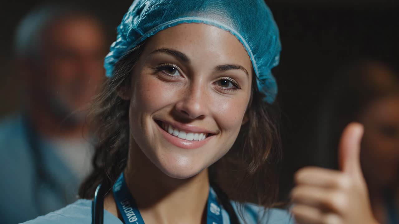A cheerful medical professional in scrubs and a surgical cap gives a thumbs-up gesture, radiating positivity and confidence in a healthcare setting, ready to tackle any challenge