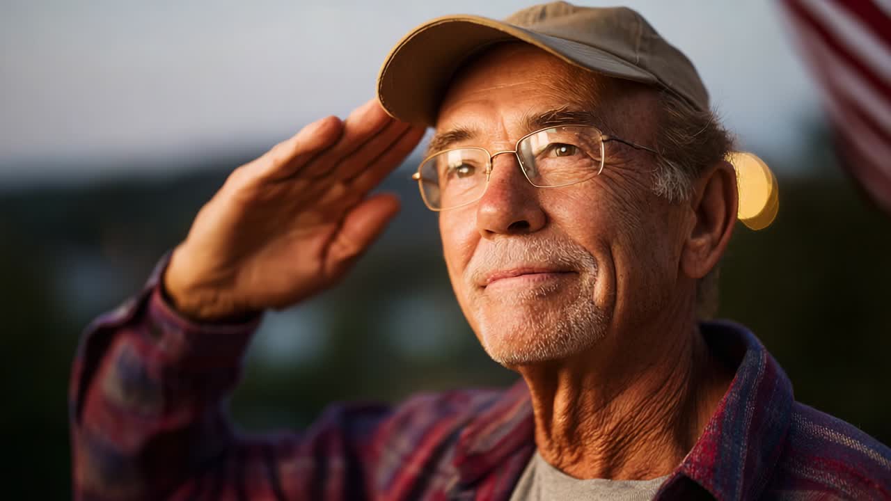 A Thoughtful Salute: An Elderly Man Reflecting on Life and Values Against a Softly Blurred Background with an American Flag, Capturing Honorable Moments and Emotions in a Peaceful Setting