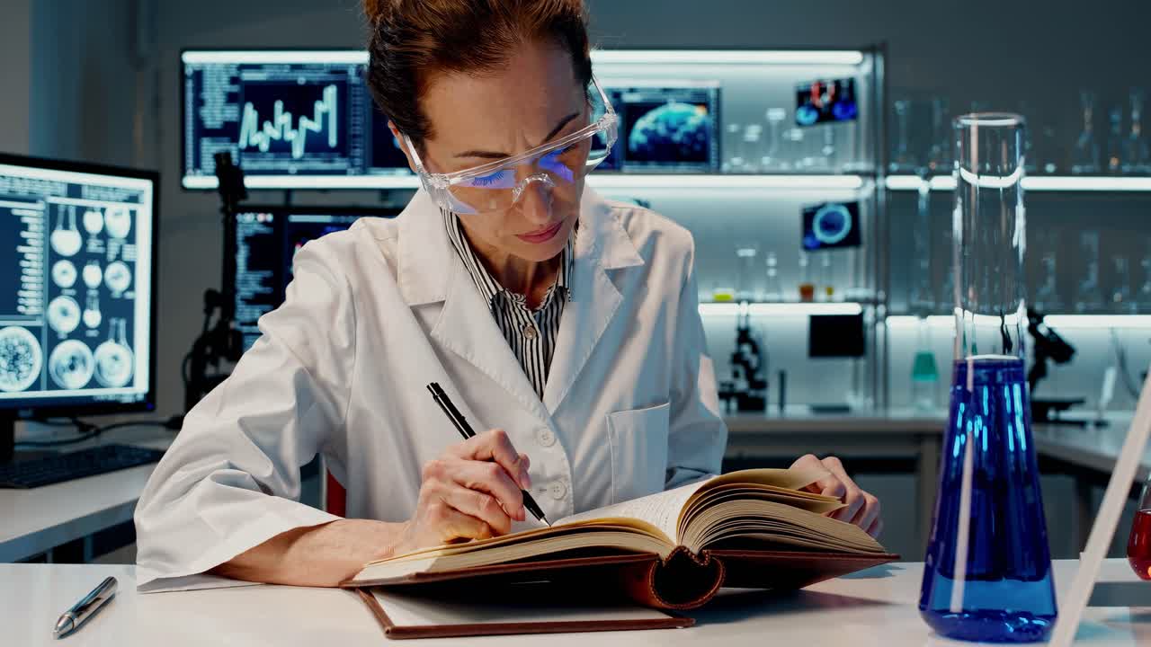 A scientist in a lab coat writes notes in a lab, surrounded by screens displaying data