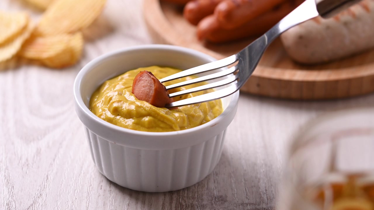 Dipping grilled sausage in mustard