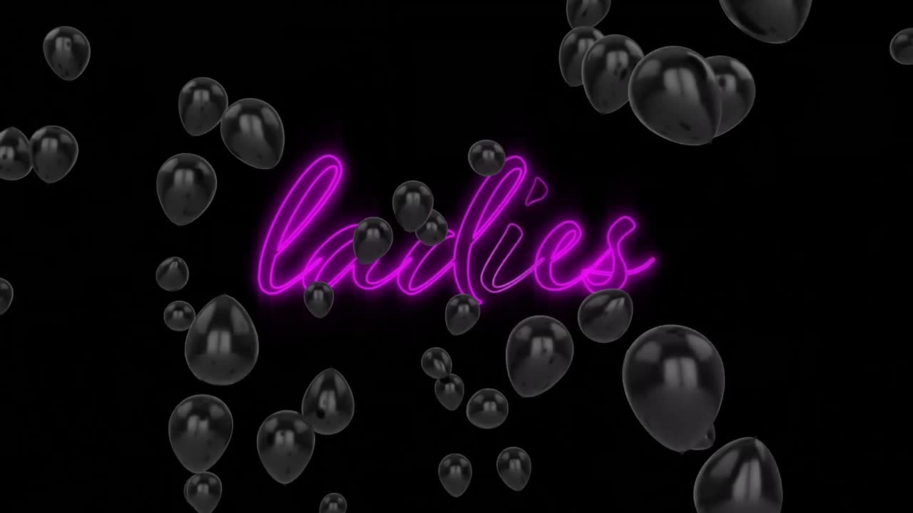 animación de damas de texto, en letras de neón rosadas con globos negros, sobre fondo negro