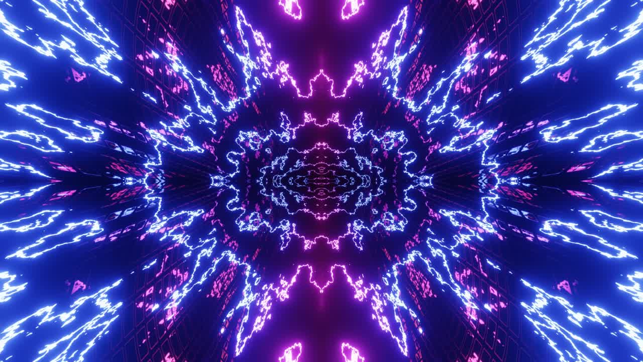 diseño de movimiento de bucle de fondo con luz de neón brillante. abstracto bg construcción brillante simétrica 3d. estructuras técnicas luminosas misteriosas. club nocturno vj. hi tech ciencia ficción tecnología moderna bg