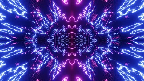 vj loop motion design background with bright neon light. abstract bg 3d symmetrical glowing construction. mysterious luminous technical structures. night club vj. hi tech sci-fi modern technology bg