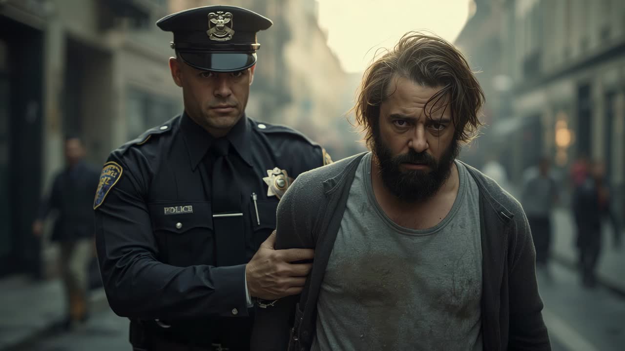 Escorting uniformed officer holding man's arm walking to lens down narrow lane stained tee visible