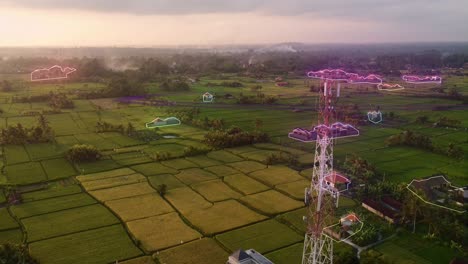 5g 6g tower animation of micro waves and control of the little village field farm production during colourful sunset
