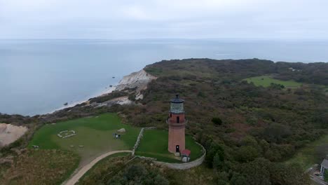 gay head lighthouse and gay head cliffs of clay at the westernmost point of martha's vineyard in aquinnah, massachusetts, usa - aerial shot