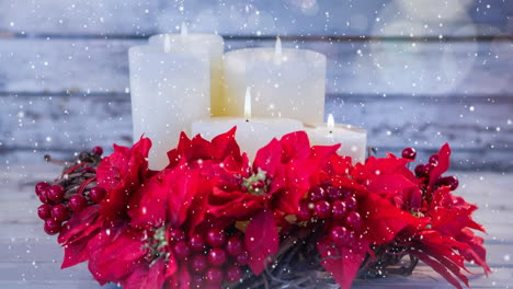 candles and christmas decoration combined with falling snow