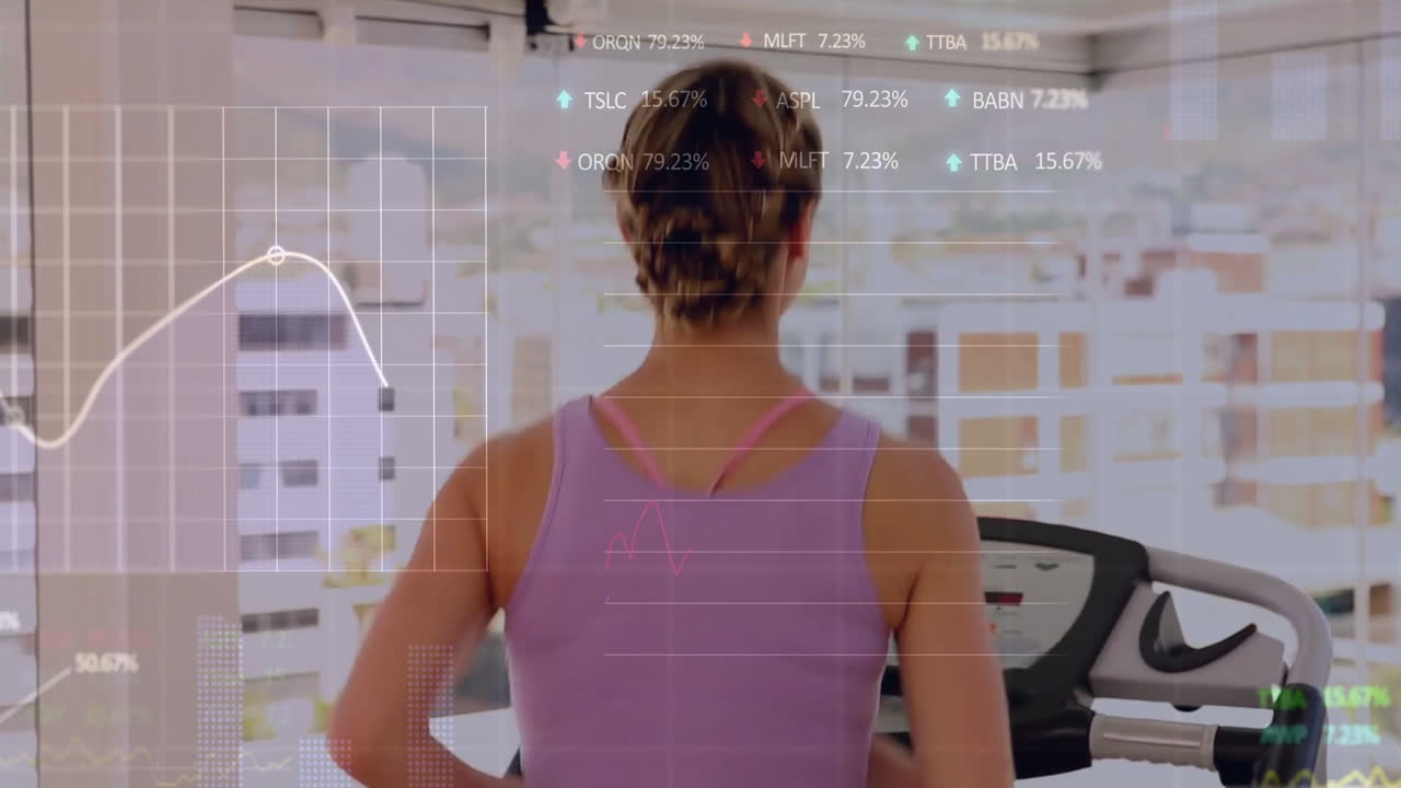 체육관에서 운동하는 백인 여성에 대한 금융 데이터 처리 애니메이션