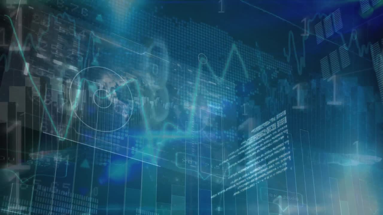 Animazione di elaborazione di dati finanziari e codifica binaria su mappa del mondo