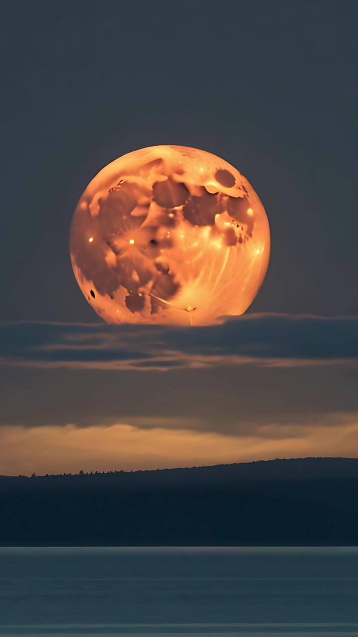 Vídeo vertical: Lua cheia laranja em movimento afundando no horizonte enquanto o crepúsculo perto de um banco de nuvens faz a água brilhar.