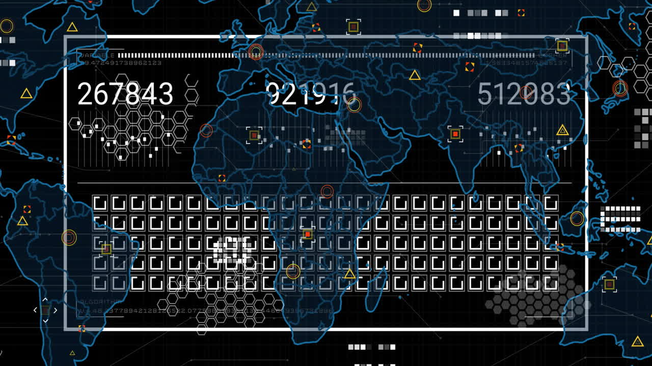 Animation showing digital world map with data points overlaying continents in school
