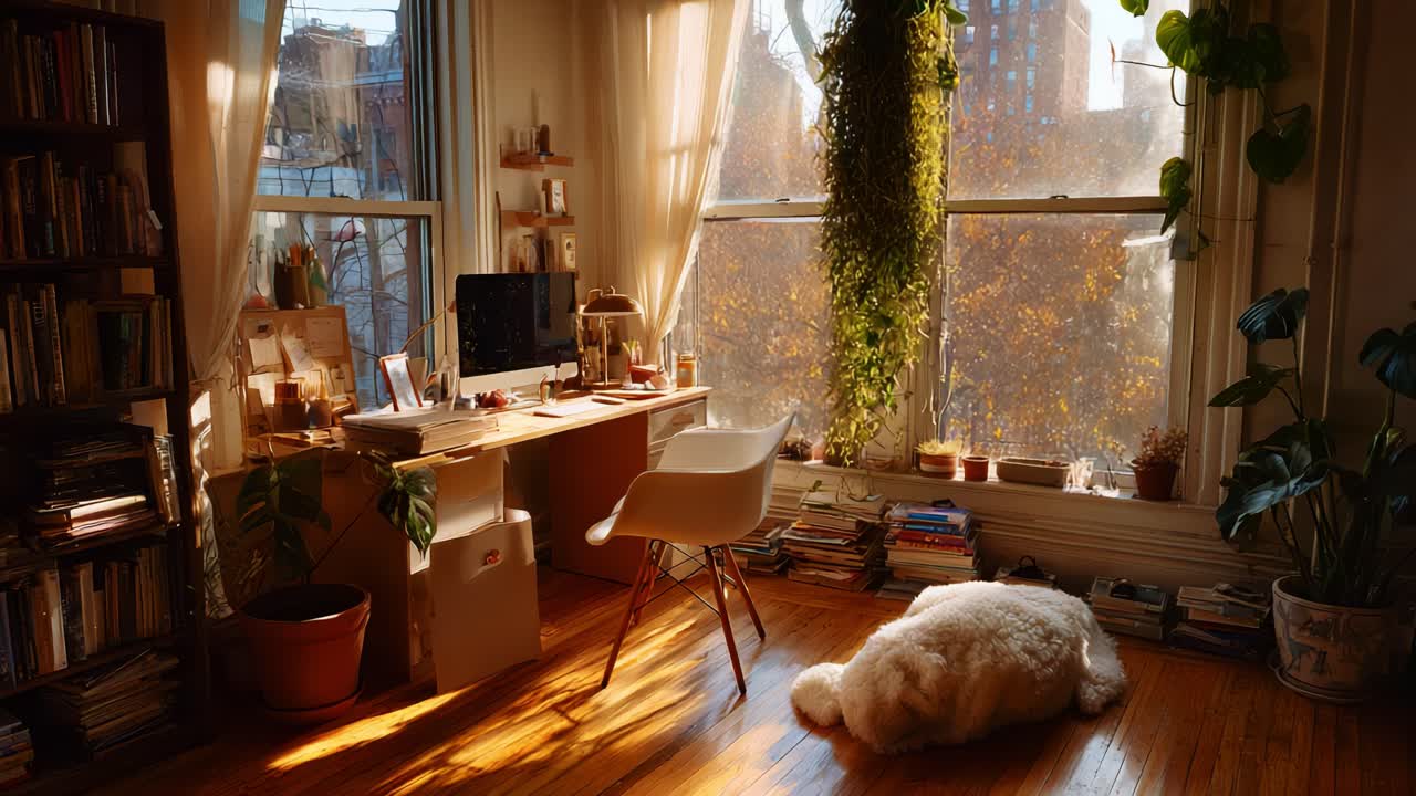 A Cozy Home Office Space Bathed in Warm Autumn Light, Showcasing a Minimalist Desk Setup, Lush Greenery, and a Comfortable Area for Relaxation and Productivity