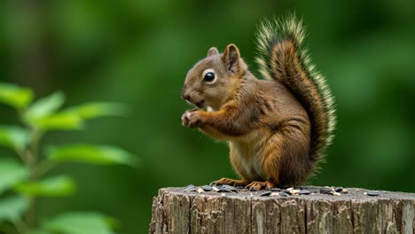 squirrel feeding on seeds: a charming moment captured in nature with vibrant greens and wood textures enhancing its playful character